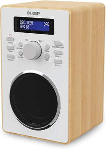 DAB/DAB+ Digital Radio | Solid Wood Cabinet | Kitchen & Bedside FM Radio with 20 Presets, Dual Alarm & Snooze Function | LED Display & 3.5mm Jack | MAJORITY Barton (Oak)