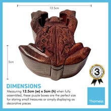 Load image into Gallery viewer, 7-piece Frog Wooden Puzzle Box | Wooden Frog Puzzle Box | Handmade wooden puzzle box | Handmade Wooden trinket secrets Box | Sustainable Shesham wooden hand carved box | 14cm (w) x 5cm (h)