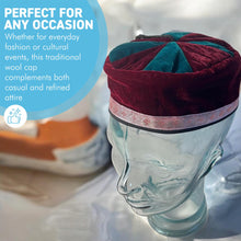 Load image into Gallery viewer, Size 58cm, medium, Handmade Nepalese maroon and deep green velvet Smoking Cap with traditional Tibetan design, lightweight, stylish design