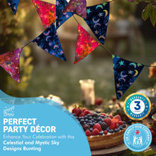 Load image into Gallery viewer, Celestial and Mystic Sky designs fabric bunting | 8 flags | 50cm long | Garland for Garden Wedding Birthday Indoor Outdoor Party Decoration Festival | | Bohemian Bunting | Fair Trade