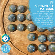 Load image into Gallery viewer, 30cm Diameter MANGO WOOD SOLITAIRE BOARD GAME with THUNDERBOLT GLASS MARBLES | |classic wooden solitaire game | strategy board game | family board game | games for one | board games