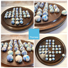 Load image into Gallery viewer, 30cm Diameter WOODEN SOLITAIRE BOARD GAME with JELLYFISH GLASS MARBLES | classic wooden solitaire game | strategy board game | family board game | games for one | board games