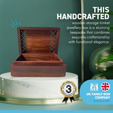 Load image into Gallery viewer, Handcrafted wooden storage trinket jewellery box | keepsake box | brass Elephant design inlaid | 17cm (w) x 7cm (h) | A Timeless Treasure of Craftsmanship