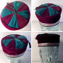 Load image into Gallery viewer, Size 61cm, XL, Handmade Nepalese maroon and deep green velvet Smoking Cap with traditional Tibetan design, lightweight, stylish design