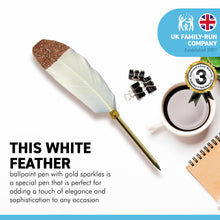 Load image into Gallery viewer, WHITE FEATHER WITH GOLDEN SPARKLES BALL POINT PEN | Sparkly Pen | Golden Pen | Feather Pen | Special Person | Wizards Pen | Guest Book Pen | Wedding Pen