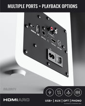 Load image into Gallery viewer, Refurbished Majority white ACTIVE BOOKSHELF SPEAKERS | 2.2 Stereo System | 5.3 Bluetooth, USB Playback & Charging | AUX, HDMI ARC, Optical, Phono | TV, PC, Turntable & Gaming Speakers | D100X