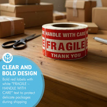 Load image into Gallery viewer, Two Rolls Premium Fragile Warning Stickers – Self-Adhesive “Fragile Handle with Care” Shipping Labels, 1000 Stickers per Roll, Bright Red & White, Waterproof & Tear-Resistant, for Boxes, Parcels & Packages