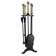 Load image into Gallery viewer, Large brass handled metal 5-piece fireside companion set | Fire companion sets | includes stand, brush, tongs, poker, and shovel | 61cm high | Wood burner set | Fireside tools accessories
