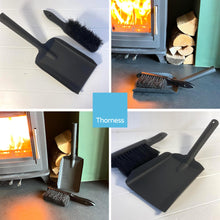 Load image into Gallery viewer, FIRESIDE BRUSH and  ASH SHOVEL set | Tidy clean log burner stove | Powder coated black finish | Hearth Iron Fireside Tidy Set | Ash Pan and brush set | Durable Steel set with Fireplace Dustpan and Brush | Coal Shovel
