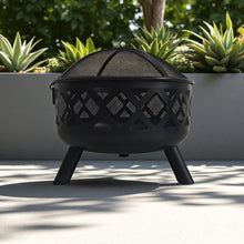 Load image into Gallery viewer, 𝗟𝗔𝗥𝗚𝗘 𝗦𝗧𝗘𝗘𝗟 𝗢𝗨𝗧𝗗𝗢𝗢𝗥 𝗙𝗜𝗥𝗘 𝗣𝗜𝗧 𝗕𝗢𝗪𝗟 | Modern Black Steel Lattice Design with Mesh Cover | Safety Poker & Log Grate included | 𝗪𝗢𝗢𝗗 𝗢𝗥 𝗖𝗛𝗔𝗥𝗖𝗢𝗔𝗟 𝗕𝗨𝗥𝗡𝗘𝗥 for Patio & Garden