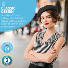 Load image into Gallery viewer, Black French Beret Hat | Classic wool hat | One size | French cap |  Fancy dress theme hat | Vintage French Beret solid colour | Unisex style ideal for men and women
