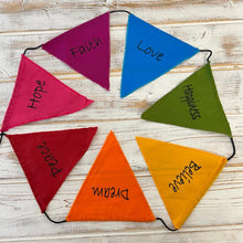 Load image into Gallery viewer, Affirmation Multi Coloured Bunting | Hope, Faith, Love, Happiness, Believe, Dream and Peace | Well Being Bunting | 190 cm length flags measure 14cm |Garland for Garden Wedding Birthday Indoor Outdoor