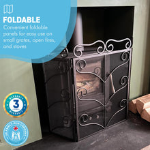 Load image into Gallery viewer, Black Metal foldable 3-panel fireplace surround screen 58cm high with mesh netting | Spark Guard | Fire guard | decorative pattern | Indoor or outdoor use | for open fires, log burners, stoves