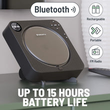 Load image into Gallery viewer, Wall Mountable Portable CD Player with Bluetooth IN and Speakers | Personal Music Player with 12 hours of Playback | Small CD Player with Remote Control, Stand, USB, AUX and FM Radio | Oakcastle CD150
