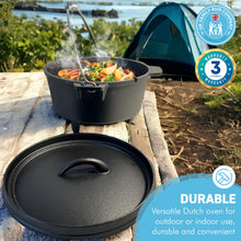 Load image into Gallery viewer, Cast Iron 3 Litre Dutch Oven pre-seasoned cooking pot with three feet | Spiral handle | Ideal for camping, cooking, baking and frying