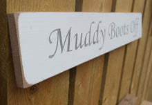 Load image into Gallery viewer, British handmade wooden sign Muddy Boots Off

