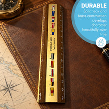 Load image into Gallery viewer, The Code Flag Ruler – Solid Teak with an Inlaid Brass Panel, 15cm