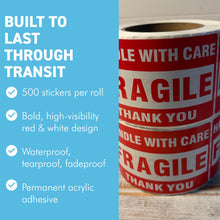 Load image into Gallery viewer, Two Rolls Premium Fragile Warning Stickers – Self-Adhesive “Fragile Handle with Care” Shipping Labels, 1000 Stickers per Roll, Bright Red & White, Waterproof & Tear-Resistant, for Boxes, Parcels & Packages