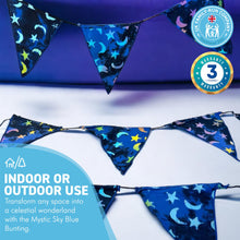 Load image into Gallery viewer, MYSTIC SKY BUNTING | Fabric Bunting | Reusable Decorations | Stars and Moons | Blue Bunting | Party decorations | Eco Decorations
