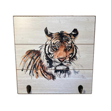 Load image into Gallery viewer, Rustic Wooden Design Tiger Plaque Wall Hooks | 30cm x 30cm wooden plaque | supplied with two hooks attached | wall hanging fixings attached | Wildlife art