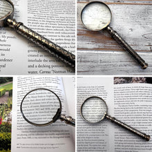 Load image into Gallery viewer, Vintage Silver Handheld Magnifier with woven lattice pattern handle, perfect for reading and precision tasks