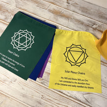 Load image into Gallery viewer, 7 Chakra bunting flags On A String With Affirmation 19 x 25 centimetres and are strung together on a 155-centimeter-long string