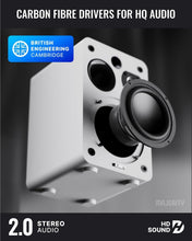 Load image into Gallery viewer, Refurbished Majority White D70X 𝗕𝗟𝗨𝗘𝗧𝗢𝗢𝗧𝗛 𝗕𝗢𝗢𝗞𝗦𝗛𝗘𝗟𝗙 𝗦𝗣𝗘𝗔𝗞𝗘𝗥𝗦 – Powered Stereo, USB Playback & Charging, HDMI ARC, Optical, Phono, Aux, Turntable Compatible, Extra Bass