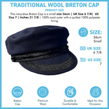 Load image into Gallery viewer, Traditional Wool Breton Cap | Size 56cm, small,  Captain Fisherman Mariner Yachtsman Sailors, Fiddlers Cap,  Baker Boy flat cap, skipper, classic peaked French and Greek boatman's hat