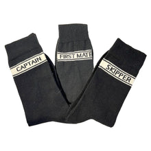 Load image into Gallery viewer, CAPTAIN, FIRST MATE AND SKIPPER SOCKS | 3 x Pairs of Socks | Sailing Gift | Gifts for boat owners | Nautical socks | Cotton rich | Adult Size UK 6-12 EU 39-46