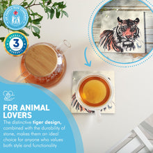 Load image into Gallery viewer, TIGER STONE COASTER | Stone Coasters | Animal novelty gift | Coaster for glass, mugs and cups| Square coaster for drinks | Tiger gift | Meg Hawkins art | 10cm x 10cm