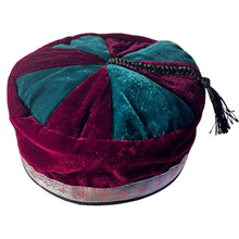 Load image into Gallery viewer, Size 58cm, medium, Handmade Nepalese maroon and deep green velvet Smoking Cap with traditional Tibetan design, lightweight, stylish design