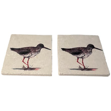 Load image into Gallery viewer, 2 x REDSHANK STONE COASTERS | Stone Coasters | Animal novelty gift | Coaster for glass, mugs and cups| Square coaster for drinks | Bird gift | Meg Hawkins art | 10cm x 10cm