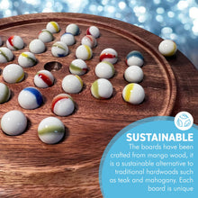 Load image into Gallery viewer, 22cm Diameter wooden SOLITAIRE BOARD GAME with OLD GLORY WHITE SWIRL GLASS MARBLES | classic wooden solitaire game | strategy board game | family board game | games for one | board games
