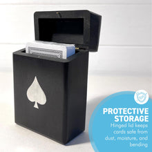 Load image into Gallery viewer, Handcrafted wooden playing card box in black with Ace of Spades design, stylish storage for card enthusiasts
