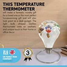 Load image into Gallery viewer, GALILEO THERMOMETER LIGHT BULB SHAPED on Stand | Multicoloured | Temperature Gauge | with 5 floating temperature baubles