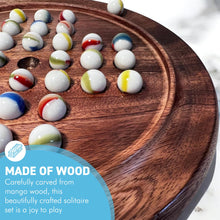 Load image into Gallery viewer, 22cm Diameter wooden SOLITAIRE BOARD GAME with OLD GLORY WHITE SWIRL GLASS MARBLES | classic wooden solitaire game | strategy board game | family board game | games for one | board games