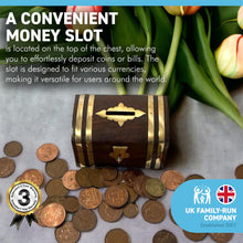 Load image into Gallery viewer, WOODEN TREASURE CHEST MONEYBOX WITH DECORATIVE INLAID BRASS |Piggy Bank | Wooden Treasure Chest | Wooden Chest | Pirates Chest | Vintage Money Box