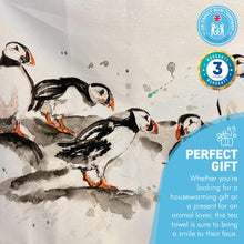 Load image into Gallery viewer, Puffin Tea Towel | 100% Cotton | Large kitchen towel for drying| Hand towel with group of Puffins | Puffin themed gift | Beach Gift | Cotton tea towel | 70 cm x 50 cm