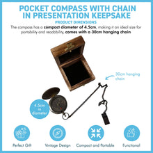 Load image into Gallery viewer, Brass Pocket Compass with chain in wooden keepsake box, ideal for outdoor use