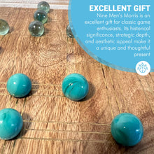 Load image into Gallery viewer, Nine Mans Morris marble game with wooden board | Quirky strategy solitaire marble game | includes 20 glass marbles and wooden board | 14cm x 14cm | Mill Game | Traditional wooden game
