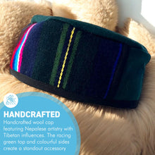 Load image into Gallery viewer, Handmade Nepalese Wool Green Smoking Cap, Lightweight, Stylish, with Traditional Tibetan Accents, Size 60cm, Large