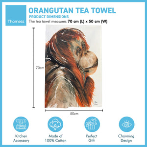 Orangutan Tea Towel | 100% Cotton | Large kitchen towel for drying| Hand towel with Orangutan | Orangutan themed gift | Rainforest animal house Gift | Cotton tea towel | 70 cm x 50 cm