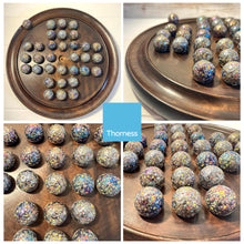 Load image into Gallery viewer, 30cm Diameter WOODEN SOLITAIRE BOARD GAME with GLITTERBOMB GLASS MARBLES | classic wooden solitaire game | strategy board game | family board game | games for one | board games