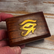 Load image into Gallery viewer, Wooden trinket box with Eye of Horas design on lid | Keepsake Box | Ring box |Dice Box