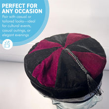 Load image into Gallery viewer, Size 56cm, small, Handmade Nepalese Burgundy Red and Black velvet Smoking Cap with traditional Tibetan design, lightweight, stylish design