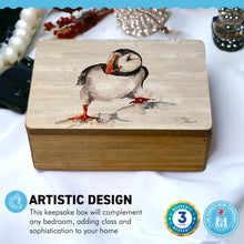Load image into Gallery viewer, Wooden Curious Puffin Keepsake Box | Jewellery box | Trinket Box | Memory Box | Keepsake and Wooden Gift Boxes | Wedding Gifts | Storage for Women and men | keepsake boxes with lids