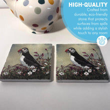Load image into Gallery viewer, 2 x Green Stone Coasters with Puffin, Wildlife Watercolour Design, Wildlife Coasters