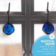 Load image into Gallery viewer, TWO DEEP BLUE GLASS FISHING FLOAT ORNAMENTAL SEA BUOY | hand blown | nautical seafaring fishing rustic décor | 10cm diameter | with rustic brown string netting and hanging loop | Japanese style glass fishing floats