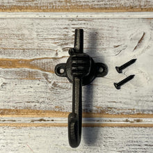 Load image into Gallery viewer, Antique style Iron Coat Hook, Single Hand Grasping Shepherd's Staff Design, 90mm Cast Iron Wall Mount