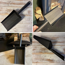 Load image into Gallery viewer, 𝗘𝗡𝗔𝗠𝗘𝗟𝗟𝗘𝗗 𝗦𝗧𝗘𝗘𝗟 𝗪𝗢𝗢𝗗𝗙𝗜𝗥𝗘 𝗣𝗘𝗟𝗟𝗘𝗧 & 𝗖𝗢𝗔𝗟 𝗦𝗛𝗢𝗩𝗘𝗟 | Matt Black Metal Scoop | 33cm (L) | Dust-Free | Easy Scooping | Durable | BBQ cooking